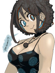 Rule 34 | 1girl, :&gt;, black choker, blue eyes, blue hair, breasts, brown eyes, choker, cleavage, hair between eyes, jewelry, large breasts, looking at viewer, multicolored eyes, multicolored hair, mushroom girl, necklace, original, oso (toolate), short hair, simple background, smile, solo, speech bubble, tank top, upper body, white background