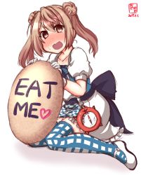 Rule 34 | 1girl, alice (alice in wonderland), alice (alice in wonderland) (cosplay), alice in wonderland, alternate costume, apron, artist logo, blush, checkered apron, checkered clothes, commentary request, compass, cookie, cosplay, dated, double bun, dress, enemy lifebuoy (kancolle), food, full body, hair bun, highres, kanon (kurogane knights), kantai collection, light brown hair, michishio (kancolle), open mouth, oversized object, plaid, plaid legwear, short twintails, simple background, solo, thighhighs, twintails, two-tone dress, wavy mouth, white background, yellow eyes