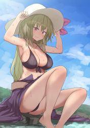 Rule 34 | 1girl, arms up, bare arms, bare legs, bare shoulders, barefoot, belt, bikini, black bikini, blonde hair, blue sky, breasts, cleavage, closed mouth, commentary request, day, hat, highres, isemori, large breasts, light smile, long hair, looking at viewer, outdoors, purple skirt, red eyes, sitting, skirt, sky, solo, summer, sun hat, swimsuit, touhou, watatsuki no toyohime, wet, white hat