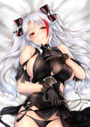 Rule 34 | antenna hair, azur lane, black dress, black gloves, black panties, blush, bow, breasts, clothes lift, clothing cutout, cross, dakimakura (medium), dress, gloves, iron blood (emblem), iron cross, large breasts, lifted by self, long hair, looking at viewer, mole, mole on breast, multicolored bow, multicolored hair, panties, prinz eugen (azur lane), prinz eugen (cordial cornflower) (azur lane), red hair, rei kun, shoulder cutout, smile, solo, tongue, tongue out, two side up, underboob cutout, underwear