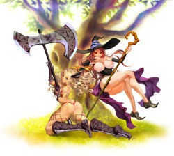 Rule 34 | 2girls, absurdres, amazon (dragon&#039;s crown), ass, axe, bad id, bad pixiv id, bikini, blonde hair, blue eyes, boots, breasts, brown eyes, curly hair, detached sleeves, dragon&#039;s crown, feather hair ornament, feathers, hair ornament, hat, highres, large breasts, legs, long hair, multiple girls, red hair, rukiana, signature, smile, sorceress (dragon&#039;s crown), staff, swimsuit, tattoo, thighs, thong, thong bikini, tree, weapon, witch hat