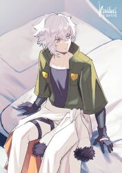 Rule 34 | 1boy, 2023, bags under eyes, black gloves, black shirt, closed mouth, coat, coat around waist, fate/grand order, fate (series), fur-trimmed coat, fur trim, gloves, green jacket, hair between eyes, highres, jacket, kadoc zemlupus, kimidorix32, layered sleeves, light blush, long sleeves, looking to the side, male focus, messy hair, on bed, open clothes, open jacket, pants, shirt, short hair, short over long sleeves, short sleeves, signature, sitting, solo, thigh strap, white coat, white hair, white pants, yellow eyes