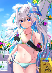 Rule 34 | 1girl, absurdres, amane kanata, bikini, blue hair, breasts, cloud, collarbone, colored inner hair, flower, frilled bikini, frills, grey hair, groin, hair ornament, hairclip, highres, hololive, jewelry, midriff, multicolored hair, navel, necklace, purple eyes, sky, small breasts, smile, solo, spice mega, swimsuit, two side up, virtual youtuber