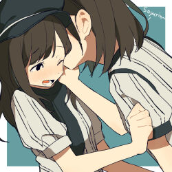 Rule 34 | 2girls, animification, black eyes, black headwear, black shirt, blue background, blush, border, brown hair, character request, coldcat., dutch angle, flat color, grey shirt, hand on another&#039;s cheek, hand on another&#039;s face, hat, highres, layered clothes, long hair, love live!, love live! superstar!!, medium hair, multiple girls, nose blush, one eye closed, puffy short sleeves, puffy sleeves, shirt, short sleeves, sidelocks, striped clothes, striped shirt, swept bangs, upper body, whispering, white border, yuri