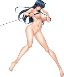 Rule 34 | 1girl, aqua eyes, barefoot, black hair, breasts, completely nude, curvy, female focus, full body, highres, holding, holding sword, holding weapon, igawa asagi, kagami hirotaka, large breasts, legs, lilith-soft, long hair, looking at viewer, navel, nipples, no pussy, non-web source, nude, official art, parted lips, reverse grip, shiny skin, smile, solo, sword, taimanin (series), taimanin asagi, taimanin asagi zero, transparent background, weapon