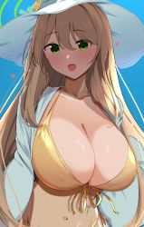 Rule 34 | 1girl, absurdres, bikini, blue archive, blue background, breasts, cleavage, front-tie bikini top, front-tie top, green eyes, halo, halterneck, hat, heart, highres, large breasts, long hair, looking at viewer, mattyazuki, nonomi (blue archive), nonomi (swimsuit) (blue archive), simple background, smile, solo, string bikini, swimsuit, white hat, yellow bikini