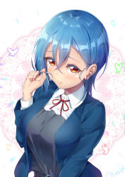 Rule 34 | 1girl, blue hair, blush, breasts, bug, butterfly, closed mouth, crossed bangs, ear piercing, hair between eyes, hand up, highres, insect, large breasts, looking at viewer, love live!, love live! superstar!!, neck ribbon, novady, orange eyes, piercing, red ribbon, ribbon, school uniform, short hair, shy, solo, wakana shiki, yuigaoka school uniform