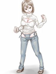 Rule 34 | 1girl, bikini jeans, breasts, brown eyes, brown hair, cleavage, cleavage cutout, clenched hand, clothing cutout, denim, fuku (mahoeshi), full body, high heels, highres, jeans, jewelry, lowleg, lowleg pants, meme attire, necklace, open-chest sweater, original, pants, pendant, ribbed sweater, short hair, sketch, smile, solo, sweater, turtleneck, untying, white background