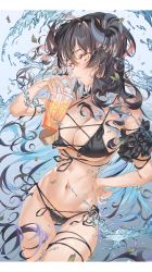 Rule 34 | 1girl, absurdres, ahoge, bikini, black bikini, black hair, blue hair, blush, breasts, cleavage, colored inner hair, commentary, cowboy shot, cup, dia (hong), drinking, drinking straw, drinking straw in mouth, english commentary, gluteal fold, hair between eyes, hair on horn, hand on own hip, hand up, head wings, highres, holding, holding cup, horns, huge filesize, hxxg, large breasts, leaf, letterboxed, long hair, looking at viewer, multicolored hair, navel, original, purple hair, red hair, side-tie bikini bottom, slit pupils, solo, standing, stomach, string bikini, swimsuit, very long hair, water, wings, yellow eyes