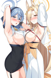 Rule 34 | 2girls, :o, ako (blue archive), animal ears, arm up, armpits, blonde hair, blue archive, blue eyes, blue hair, blue hairband, blush, breast press, breasts, closed mouth, commentary request, detached sleeves, from side, hairband, halo, high-waist skirt, highres, kaho (blue archive), large breasts, long hair, long sleeves, looking at viewer, looking to the side, medium hair, multiple girls, open mouth, sideboob, simple background, skirt, smile, super nagoyaka, symmetrical docking, thick eyebrows, white background, yellow eyes, yellow hairband