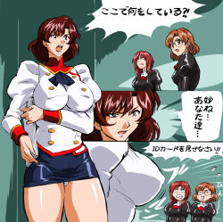 Rule 34 | 3girls, agent aika, aida rion, aika (series), ascot, black ascot, black delmo, black jacket, blue skirt, breasts, brown hair, clipboard, comic, covered erect nipples, delmo, delmogeny uniform, glasses, hairband, highres, holding, jacket, juliet sleeves, large breasts, lipstick, long sleeves, makeup, mamesi (suhk8583), maypia alexymetalia, mole, mole under eye, multiple girls, open mouth, panties, pantyshot, pencil skirt, puffy sleeves, purple lips, red ascot, red hair, red hairband, short hair, skirt, speech bubble, taut clothes, underwear, uniform, white delmo, white delmo n, white jacket, white panties