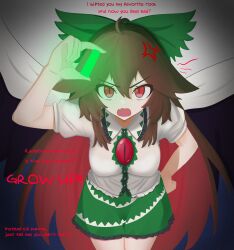 Rule 34 | 1girl, absurdres, ahoge, anger vein, angry, bow, breasts, brown hair, cape, collared shirt, commentary, cowboy shot, dot nose, english commentary, english text, fang, frilled shirt collar, frilled skirt, frills, frown, glowing, green bow, green skirt, hair between eyes, hair bow, hair flaps, hand on own hip, hand up, highres, holding, just hatto, leaning forward, long hair, looking at viewer, medium breasts, open mouth, radiation, red eyes, reiuji utsuho, shirt, short sleeves, skirt, slit pupils, solo, third eye, third eye on chest, touhou, very long hair, white cape, white shirt, wings