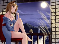 Rule 34 | 1girl, absurdres, akinakesu-chan, animal ears, bare shoulders, barefoot, blue kimono, blurry, blurry background, breasts, brown eyes, brown hair, choko (cup), collarbone, commentary request, cup, dango, depth of field, food, full moon, highres, holding, holding cup, indoors, japanese clothes, kimono, knee up, long hair, long sleeves, looking away, medium breasts, moon, mountain, obi, off shoulder, original, parted lips, sash, sitting, solo, tokkuri, wagashi, water