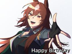 Rule 34 | 1girl, animal ears, arm out of sleeve, black gloves, black shirt, breasts, brown hair, choker, collared shirt, dated, fingerless gloves, gloves, green jacket, hair between eyes, happy birthday, highres, horse ears, jacket, korean commentary, long hair, long sleeves, open mouth, outstretched arm, reaching, reaching towards viewer, red eyes, shirt, sirius symboli (umamusume), small breasts, smile, solo, teeth, ukka (0ukka ), umamusume, upper body, v-shaped eyebrows