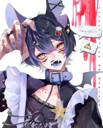 Rule 34 | 1boy, animal ears, black hair, blue hair, cat boy, cat ears, collar, extra eyes, fangs, goth fashion, harness, head tilt, highres, jacket, kaminoq, long sleeves, looking at viewer, male focus, multicolored hair, nail polish, open mouth, original, short hair, solo, star (symbol), white background, yellow eyes