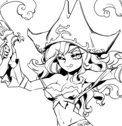 Rule 34 | 1girl, ;q, arm up, bare shoulders, breasts, cleavage, greyscale, groin, hat, large breasts, league of legends, long hair, miss fortune (league of legends), monochrome, navel, one eye closed, phantom ix row, pirate hat, solo, stomach, tongue, tongue out