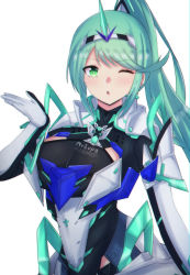 Rule 34 | 1girl, :o, absurdres, armor, blowing kiss, circlet, earrings, gloves, green eyes, green hair, highres, jewelry, latte, long hair, one eye closed, open mouth, pneuma (xenoblade), ponytail, simple background, solo, tiara, white background, white gloves, xenoblade chronicles (series), xenoblade chronicles 2