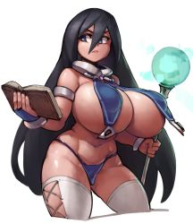 Rule 34 | 1girl, :&lt;, bare shoulders, black hair, blue eyes, book, breasts, character request, copyright request, fingerless gloves, gloves, holding, holding book, huge breasts, long hair, midriff, navel, open book, simple background, solo, staff, thighhighs, underboob, v-shaped eyebrows, very long hair, white background, witch, zako (arvinry)