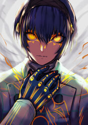 Rule 34 | 1boy, absurdres, black hairband, blue hair, buttons, closed mouth, eyelashes, gloves, glowing, glowing eyes, glowing markings, hair between eyes, hairband, hand on own chest, highres, jacket, looking at viewer, male focus, markings, metaphor: refantazio, protagonist (metaphor: refantazio), short hair, simple background, solo, upper body, white jacket, yellow eyes, yuu (primenumber7)