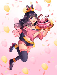 Rule 34 | 1girl, :3, absurdres, animal ears, balloon, black bra, black choker, black shorts, black thighhighs, bra, bracelet, breasts, cake, choker, cleavage, commentary, confetti, crown, curly hair, english commentary, food, full body, gradient hair, highres, holding, holding cake, holding food, indie virtual youtuber, jewelry, long hair, medium breasts, midriff, mimiipyon, multicolored hair, navel, off-shoulder shirt, off shoulder, open mouth, pepon (vtuber), pink hair, purple eyes, purple hair, rabbit ears, shirt, short shorts, shorts, smile, solo, thighhighs, tray, twitter username, underwear, virtual youtuber