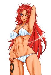 Rule 34 | 1girl, abs, arm up, armpits, bikini, blush, breasts, female focus, large breasts, long hair, lowleg, navel, one eye closed, parted lips, purple eyes, queen&#039;s blade, red hair, risty (queen&#039;s blade), risty (queen's blade), solo, strap gap, swimsuit, tattoo, toned, twrlare, wilderness bandit risty