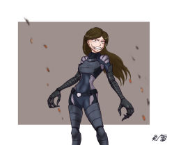 Rule 34 | 1girl, armor, blood, bodysuit, brown hair, claws, clenched teeth, long hair, looking at viewer, monster girl, original, simple background, solo, teeth, yellow eyes