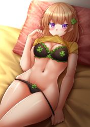 Rule 34 | 1girl, black bra, black panties, blush, bra, braid, breasts, brown hair, cleavage, closed mouth, clothes in mouth, clothes lift, clover hair ornament, commentary, english commentary, four-leaf clover hair ornament, groin, hair ornament, highres, kazenokaze, lifted by self, long hair, looking at viewer, lying, medium breasts, mouth hold, navel, on back, osananajimi ga zettai ni makenai lovecome, panties, panty pull, pillow, pulled by self, purple eyes, shida kuroha, shirt, shirt in mouth, shirt lift, short sleeves, smile, solo, underwear, yellow shirt
