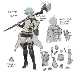 Rule 34 | 1girl, absurdres, aqua hair, aqua thighhighs, bag, bandages, bedroll, belt pouch, black gloves, black thighhighs, blue fire, bone hair ornament, boots, character sheet, cleavage cutout, clothing cutout, coin, compass, fire, fish bone, fish hair ornament, gloves, guaiguaigun, hair between eyes, hair ornament, high heel boots, high heels, highres, holding, holding staff, hood, hood down, hood up, jewelry, knife, map, medium hair, multiple views, necklace, original, over shoulder, parted lips, pink eyes, pouch, simple background, sketch, smile, staff, standing, tattoo, thighhighs, thighhighs under boots, translation request, white background