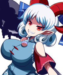 Rule 34 | 1girl, alternate breast size, blue dress, breasts, curly hair, detached sleeves, dress, earrings, gero zoukin, highres, horizontal pupils, horn ornament, horn ribbon, horns, jewelry, large breasts, pointy ears, rectangular pupils, red eyes, red horns, red sleeves, ribbon, sharp teeth, sheep horns, solo, teeth, touhou, toutetsu yuuma, white hair