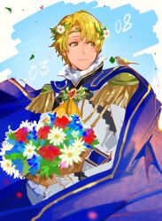 Rule 34 | 1boy, alfred (fire emblem), bird, blonde hair, blue cape, bouquet, cape, circlet, closed mouth, fire emblem, fire emblem engage, flower, green eyes, highres, holding, holding bouquet, lamb (contra entry), long sleeves, looking to the side, male focus, nintendo, short hair, solo