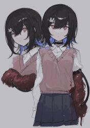 Rule 34 | 1girl, armlet, asymmetrical sleeves, black collar, black hair, blood, blood on clothes, blue hair, blue skirt, body horror, closed mouth, collar, collared shirt, colored inner hair, commentary, cropped legs, cropped torso, expressionless, flesh, flipped hair, grey background, hai (haihki), hair ornament, hand up, head tilt, highres, multicolored hair, multiple views, original, pink eyes, pink sweater vest, pleated skirt, rabbit hair ornament, school uniform, shirt, short hair, simple background, sketch, skirt, sweater vest, symbol-only commentary, tube, uneven sleeves, white shirt