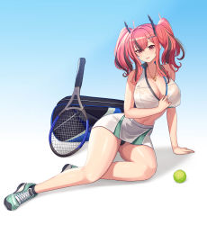 Rule 34 | 1girl, :d, absurdres, azur lane, bag, ball, bare shoulders, black panties, blush, breasts, bremerton (azur lane), bremerton (scorching-hot training) (azur lane), cleavage, collarbone, commentary request, crop top, crop top overhang, full body, green footwear, green skirt, grey hair, hair between eyes, hair intakes, hair ornament, hairclip, heart, heart necklace, highres, jewelry, large breasts, long hair, midriff, multicolored hair, navel, necklace, no mole, open mouth, panties, pantyshot, partial commentary, pink eyes, pink hair, racket, rakuri (rwrn5475), shadow, shirt, shirt tug, shoes, sidelocks, sitting, skirt, sleeveless, sleeveless shirt, smile, sneakers, solo, sportswear, streaked hair, tennis ball, tennis racket, tennis uniform, twintails, two-tone hair, two-tone shirt, two-tone skirt, underwear, wet, wet clothes, wet shirt, white background, white skirt, x hair ornament, yokozuwari