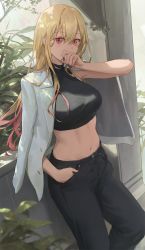 Rule 34 | 1girl, absurdres, black choker, black nails, black pants, black shirt, blazer, blonde hair, blurry, breasts, choker, colored tips, cowboy shot, crop top, denim, depth of field, free style (yohan1754), hair between eyes, hand in pocket, hand to own mouth, hand up, highres, jacket, jacket on shoulders, jeans, kitagawa marin, leaf, leaning back, long hair, looking at viewer, medium breasts, midriff, multicolored hair, nail polish, navel, pants, pink hair, red eyes, shirt, solo, sono bisque doll wa koi wo suru, stomach, two-tone hair, white jacket