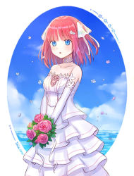 Rule 34 | 1girl, bare shoulders, blue eyes, blunt bangs, blush, bouquet, breasts, bridal gauntlets, bride, butterfly hair ornament, choker, collarbone, dress, flower, go-toubun no hanayome, hair flower, hair ornament, highres, holding, holding flower, looking at viewer, nakano nino, ocean, parted lips, pink hair, ribbon, shinzousan, sky, twintails, v arms, wedding dress, white dress, white ribbon