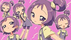 Rule 34 | 1girl, :d, ;p, closed eyes, closed mouth, dress, highres, looking at viewer, multiple views, nzeneee, ojamajo doremi, one eye closed, open mouth, pink background, purple dress, purple eyes, purple hair, segawa onpu, shirt, short hair, short sleeves, side ponytail, simple background, smile, solo, tongue, tongue out, yellow shirt