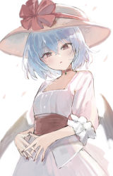 Rule 34 | 1girl, alternate headwear, backlighting, bat wings, black wings, blouse, blue hair, blurry, blurry background, bob cut, brown eyes, brown nails, brown sash, choker, collarbone, cowboy shot, crossed bangs, d:, depth of field, eyes visible through hair, falling petals, fingers together, floating hair, frilled sleeves, frills, hair between eyes, hat, hat ornament, hat ribbon, highres, jewelry, light blue hair, looking at viewer, looking to the side, low wings, muted color, nail polish, open mouth, own hands together, parted lips, pendant, pendant choker, petals, puffy sleeves, red choker, red ribbon, remilia scarlet, ribbon, sash, shirt, short hair, sleeves past elbows, solo, standing, steepled fingers, sun hat, thick eyelashes, touhou, tsurime, white background, white shirt, wind, wings, yuki (popopo)