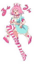 Rule 34 | 1girl, :3, ^ ^, ahoge, apron, aqua dress, aqua hair, blush stickers, bob cut, breasts, choker, closed eyes, colored inner hair, dress, fang, frilled headwear, hair intakes, hands on own hips, happy, hat, heart, heart on chest, heart print, high heels, highres, idolmaster, idolmaster cinderella girls, idolmaster cinderella girls starlight stage, knee up, medium breasts, multicolored hair, nurse, nurse cap, official alternate costume, open mouth, pinafore dress, pink choker, pink footwear, pink hair, pink thighhighs, puffy short sleeves, puffy sleeves, short sleeves, simple background, sleeveless, sleeveless dress, smile, solo, striped clothes, striped thighhighs, sukoyaka (100hituzi), thighhighs, thighs, two-tone hair, white apron, white background, white hat, white thighhighs, white wrist cuffs, winged footwear, wrist cuffs, yumemi riamu