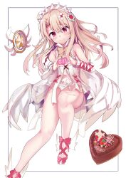 Rule 34 | 1girl, absurdres, bare shoulders, blonde hair, blush, breasts, cake, chocolate cake, detached sleeves, dress, fate/grand order, fate (series), food, hair ornament, heart, heart hands, highres, illyasviel von einzbern, illyasviel von einzbern (choco angel), kebab (blackdoll), long hair, looking at viewer, magical ruby, red eyes, sidelocks, small breasts, smile, white dress, wings