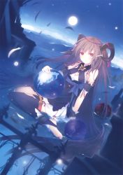 Rule 34 | 1girl, absurdly long hair, absurdres, anklet, bare shoulders, barefoot, black thighhighs, breasts, brown eyes, brown hair, cleavage, dress, dutch angle, feathers, full moon, garter straps, hair ribbon, highres, horns, jewelry, long hair, looking at viewer, moon, night, night sky, original, partially submerged, ribbon, ruroo, scan, single thighhigh, sitting, sky, solo, thighhighs, toeless legwear, toes, very long hair, wariza, water