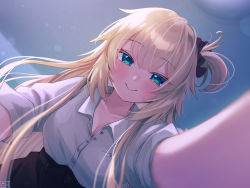 Rule 34 | 1girl, akai haato, aqua eyes, black skirt, blonde hair, blush, breasts, collarbone, collared shirt, commentary request, from below, hair ornament, heart, heart hair ornament, high-waist skirt, highres, hololive, indoors, long hair, looking at viewer, magowasabi, medium breasts, one side up, shirt, sidelocks, signature, skirt, smile, solo, twitter username, very long hair, virtual youtuber, white shirt