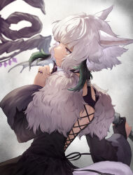 Rule 34 | 1girl, animal ears, back cutout, black dress, black gloves, cat ears, cat girl, cat tail, claw ring, clothing cutout, dress, facial mark, feather hair ornament, feathers, final fantasy, final fantasy xiv, from behind, fur-trimmed dress, fur trim, gloves, grey eyes, hair ornament, half gloves, hand up, highres, holding, holding staff, jewelry, long sleeves, looking at viewer, looking back, miqo&#039;te, ring, short hair, simple background, single glove, single half glove, slit pupils, smile, solo, staff, tail, upper body, white background, white hair, wide sleeves, xuhe (awxc5283), y&#039;shtola rhul