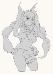 Rule 34 | 1futa, arknights, arm behind back, belt, blunt bangs, breasts, bulge, choker, commentary, contrapposto, covering own mouth, cowboy shot, dog tags, earrings, english commentary, erection, erection under clothes, fingerless gloves, futanari, gloves, greyscale, hair ornament, hairclip, head wings, heart, highres, holding, holding letter, jewelry, knifedragon, large breasts, letter, long hair, looking at viewer, manticore (arknights), midriff, monochrome, monster girl, navel, nipple bar, nipple piercing, nipples, piercing, pointy ears, scorpion tail, see-through, see-through shirt, shirt, short shorts, shorts, sidelocks, sleeveless, sleeveless shirt, solo, standing, tail, testicles, thigh strap, twintails, white background, wings