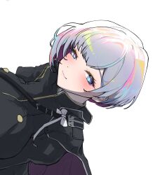 Rule 34 | + +, 1girl, black cape, black jacket, blue eyes, blush, breasts, cape, closed mouth, goddess of victory: nikke, highres, huge breasts, jacket, liliweiss (nikke), looking at viewer, military uniform, multicolored hair, okota (pixiv), purple cape, short hair, simple background, smile, solo, star-shaped pupils, star (symbol), symbol-shaped pupils, uniform, white background, white hair