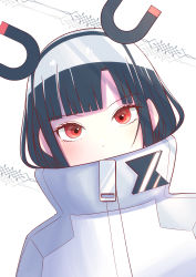 Rule 34 | 1girl, absurdres, black hairband, covered mouth, grey jacket, hair behind ear, hairband, highres, jacket, jitomi monoe, looking at viewer, magnet, multicolored clothes, multicolored jacket, red eyes, solo, sumeragi shiki, two-tone jacket, upper body, virtual youtuber, voms, white jacket