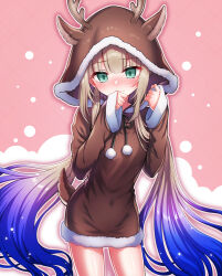 Rule 34 | 1boy, animal costume, animal hood, antlers, blue hair, blush, captain nemo (fate), fake antlers, fake tail, fate/grand order, fate (series), gradient hair, green eyes, highres, hood, horns, light brown hair, long hair, long sleeves, male focus, multicolored hair, nemo (fate), nose blush, onesie, reindeer antlers, reindeer costume, reindeer hood, shell ocean, solo, tail, trap, twintails, very long hair