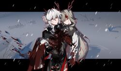 Rule 34 | 2girls, alina (arknights), animal ears, antlers, arknights, black dress, black gloves, black jacket, black ribbon, blood, blood on clothes, blood on face, blood on hands, blood on snow, brown hair, carrying, chinese commentary, closed eyes, closed mouth, commentary request, corpse, deer antlers, deer ears, dress, fingerless gloves, gloves, grey eyes, grey hair, highres, horns, jacket, letterboxed, long hair, molu stranger, multiple girls, neck ribbon, outdoors, outline, parted lips, princess carry, red outline, ribbon, shirt, snow, snowing, talulah (arknights), thigh strap, white shirt