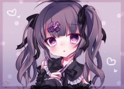 Rule 34 | 1girl, :o, ahoge, black bow, black dress, black hair, black sleeves, blood, blush, bow, boxcutter, commentary request, cuts, detached sleeves, dress, fuxiyu, grey background, hair bow, hair ornament, hairclip, hand up, heart, heart-shaped pupils, highres, holding, injury, long hair, long sleeves, looking at viewer, original, parted lips, purple eyes, self-harm, self harm, signature, sleeveless, sleeveless dress, sleeves past wrists, solo, symbol-shaped pupils, tears, twintails, upper body, x hair ornament