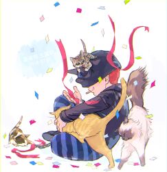 Rule 34 | 1boy, animal, animal on head, animal on lap, beanie, birthday, black footwear, black hat, black jacket, black pants, black sleeves, blue pants, calico, cat, cat on head, cat on lap, character name, cigarette, collared jacket, covered eyes, crossed legs, cuffs, danganronpa (series), danganronpa v3: killing harmony, dated, from side, full body, hashtag-only commentary, hat, hat over eyes, horned hat, hoshi ryoma, jacket, ketori ut, layered sleeves, leather, leather jacket, long sleeves, male focus, mouth hold, on head, on lap, orange hair, pants, parted lips, petting, shackles, shoes, short hair, simple background, sitting, smile, solo, streamers, striped clothes, striped pants, tabby cat, teeth, two-tone pants, white background