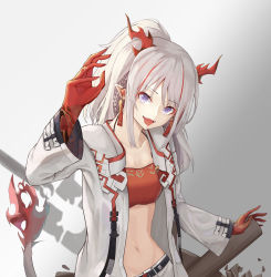 Rule 34 | 1girl, absurdres, arknights, arm tattoo, bandeau, belt, black belt, braid, colored skin, commentary, dragon girl, dragon horns, dragon tail, ear piercing, flame-tipped tail, gradient background, highres, horns, jacket, long hair, looking at viewer, midriff, multicolored hair, navel, nian (arknights), open clothes, open jacket, piercing, pointy ears, ponytail, purple eyes, randomcatbox, red bandeau, red hair, red skin, shorts, solo, streaked hair, tail, tattoo, tongue, tongue out, upper body, white hair, white jacket, white shorts