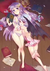 Rule 34 | 2girls, back, bad anatomy, bad id, bad pixiv id, bad proportions, barefoot, bat wings, bikini, blue hair, blush, book, bow, crescent, crescent hair ornament, embodiment of scarlet devil, feet, female focus, frills, front-tie top, fuyu kitsune, hair bow, hair ornament, hug, long hair, lying, multiple girls, patchouli knowledge, pillow, poorly drawn, purple eyes, purple hair, red eyes, remilia scarlet, short hair, side-tie bikini bottom, smile, striped bikini, striped clothes, swimsuit, touhou, wings, yuri